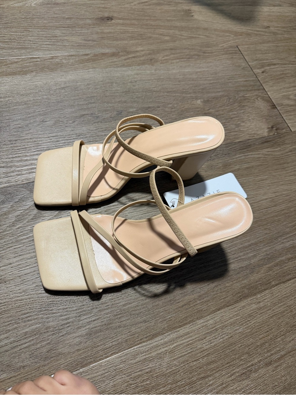 Azazie Beige Strappy Square Toe Block Heel Sandals Nude